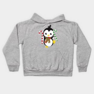 Christmas Penguin, Penguin With Scarf, Candy Cane Kids Hoodie